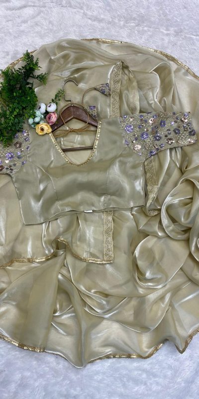 Artful Golden Color Fancy Jimi Chu Embroidered Sequence Saree