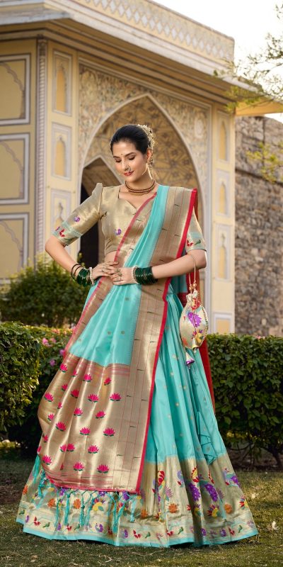 Artful Sky Blue Color Jacquard Silk Weaving Zari Lehenga Choli