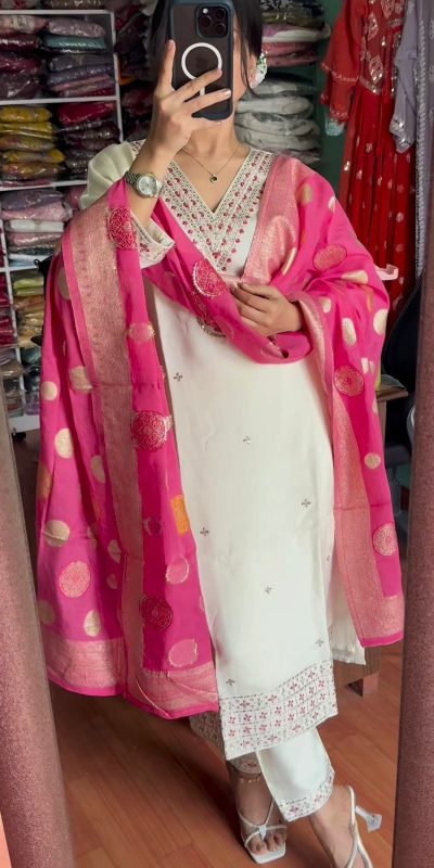 Artful White Color Chinnon Silk Embroidery Sequence Salwar Suit