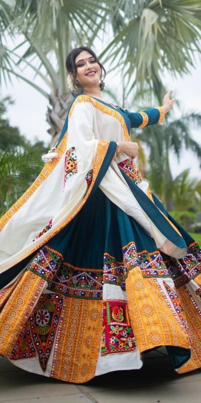 Beautiful Blue Color Crepe Printed Real Mirror Work Lehenga Choli