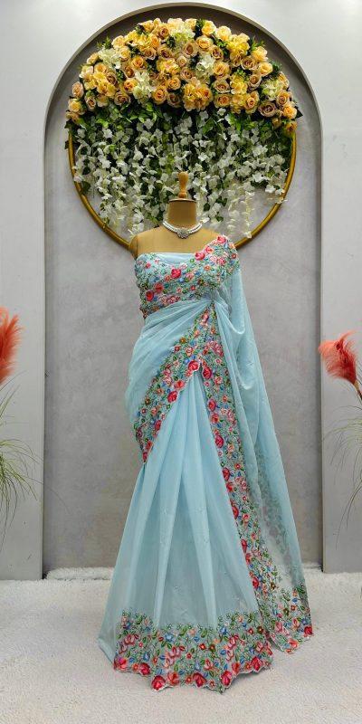 Beautiful Firozi Color Tabby Silk Thread Sequence Work Saree