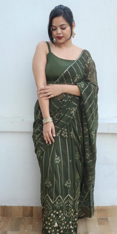 Beautiful Green Color Georgette Embroidery Sequence Saree