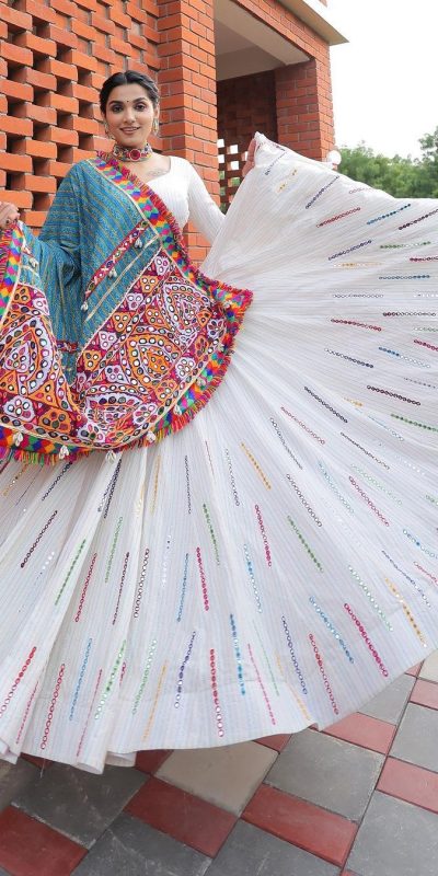 Beautiful White Color Crepe Printed Real Mirror Work Lehenga Choli