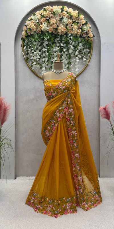 Beautiful Yellow Color Tabby Silk Thread Sequence Work Saree