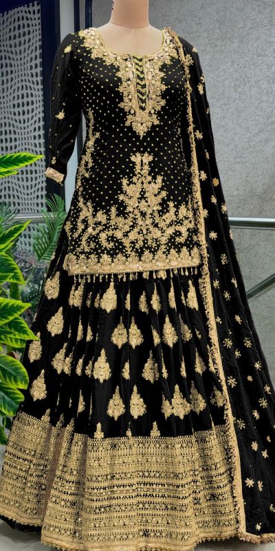 Captivating Black Color Chinnon Silk Embroidery Lehenga Choli