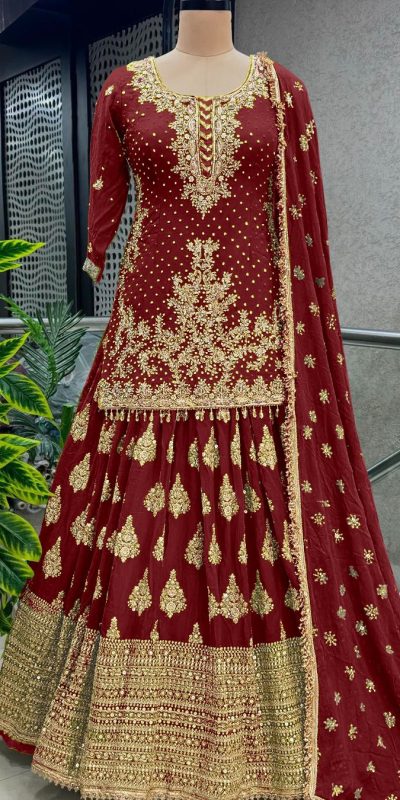 Captivating Red Color Chinnon Silk Embroidery Lehenga Choli