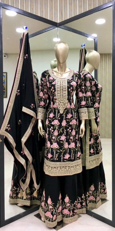 Classic Black Color Georgette Embroidery Coding Sharara Suit