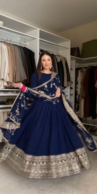 Classic Navy Blue Color Chinon Silk Embroidery Sequence Gown