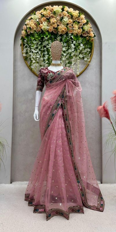 Classic Peach Color Organza Silk Thread Sequence Work Saree