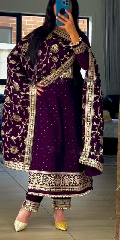 Classic Purple Color Georgette Embroidery Sequence Salwar Suit