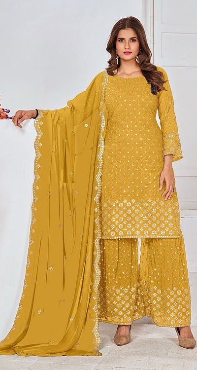 Cute Yellow Color Georgette Embroidery Stone Work Sharara Suit