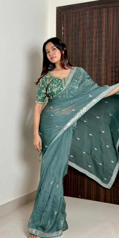 Dazzling Blue Color Pure Soft Organza Embroidery Zari Saree