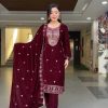Dazzling Maroon Color Viscose Velvet Embroidery Salwar Suit
