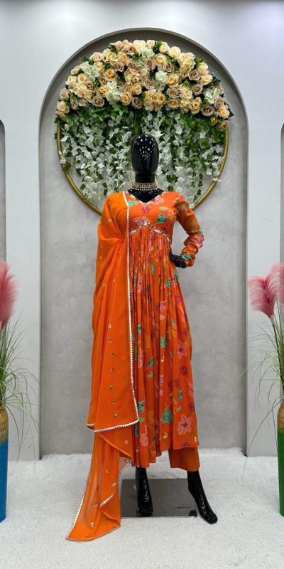 Dazzling Orange Muslin Digital Printed Hand Work Salwar Suit