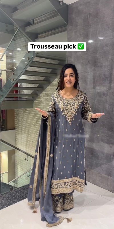 Elegant Cement Chinnon Silk Embroidery Sequence Salwar Suit