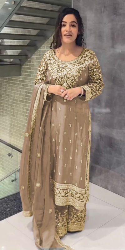 Elegant Cream Color Chinnon Silk Embroidery Sequence Salwar Suit
