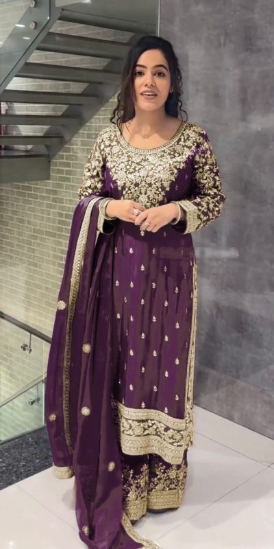 Elegant Purple Color Chinnon Silk Embroidery Sequence Salwar Suit