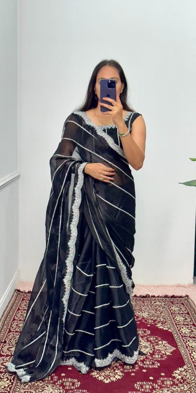 Fancy Black Color Burberry Blooming Embroidery Zari Saree