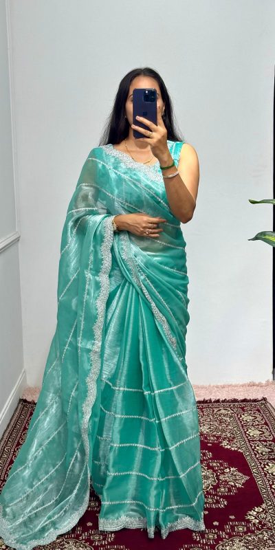 Fancy Light Blue Color Burberry Blooming Embroidery Zari Saree
