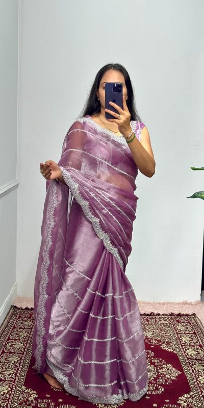 Fancy Light Purple Color Burberry Blooming Embroidery Zari Saree