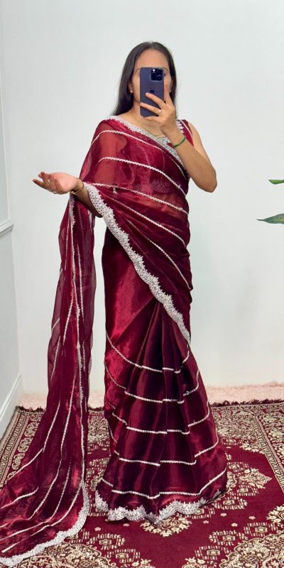 Fancy Maroon Color Burberry Blooming Embroidery Zari Saree