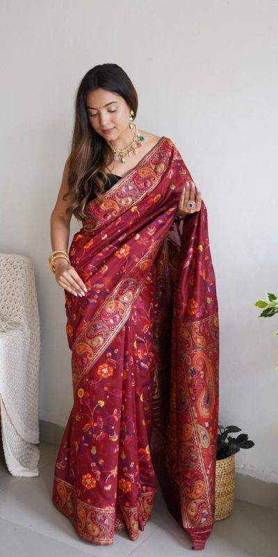 Fancy Maroon Color Kashmiri Running Thread Zari Work Saree