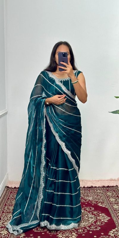 Fancy Peacock Blue Color Burbary Blooming Embroidery Saree