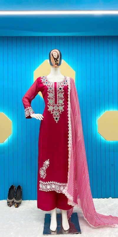 Fancy Pink Color Georgette Embroidery Mirror Work Salwar Suit