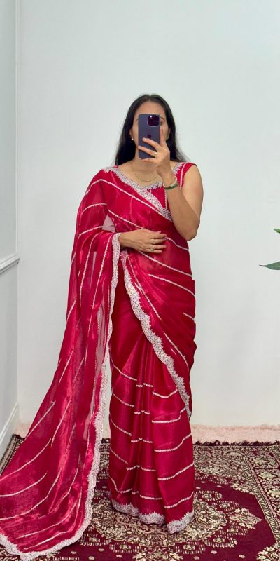 Fancy Red Color Burberry Blooming Embroidery Zari Work Saree