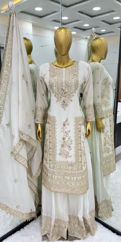 Fancy White Chinnon Silk Embroidery Coding Dori Salwar Suit