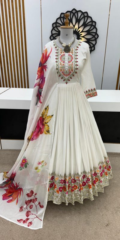 Fancy White Color Chinon Silk Embroidery Sequence Gown