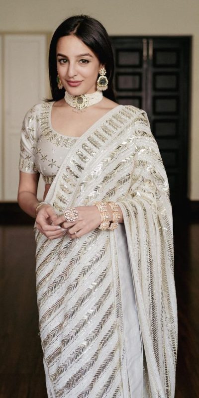 Fancy White Color Georgette Embroidery Sequins Saree