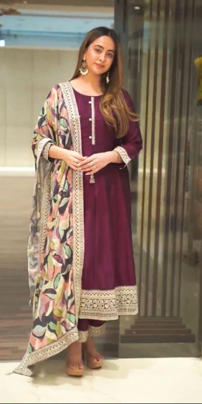 Fancy Wine Color Chinnon Silk Embroidery Sequence Gown