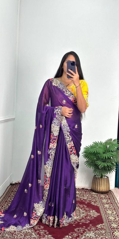 Fine Violet Color Blooming Rangoli Thread Embroidery Saree