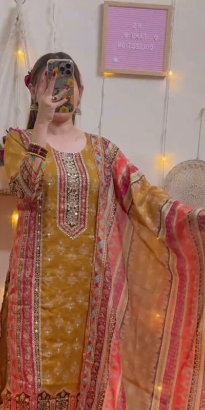Fine Yellow Color Maslin Printed Real Mirror Work Salwar Suit
