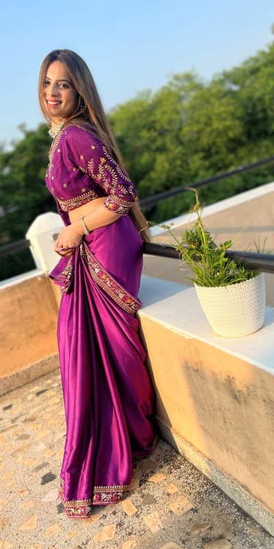 Graceful Purple Color Rangoli Silk Embroidery Work Lace Saree