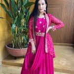 Graceful Rani Pink Color Chinon Embroidery Lace Work Gown