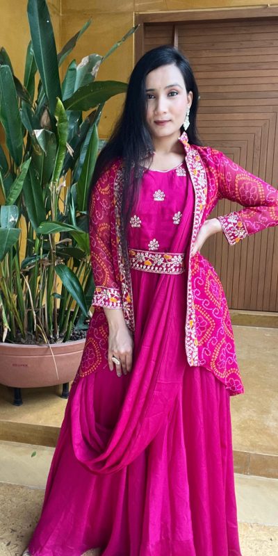 Graceful Rani Pink Color Chinon Embroidery Lace Work Gown