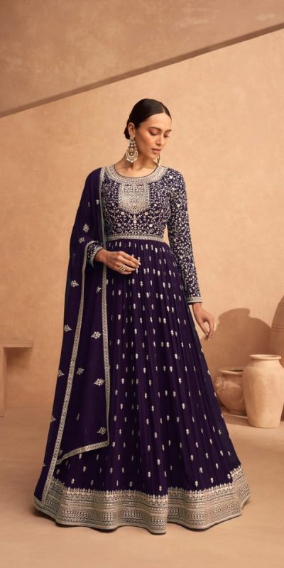 Graceful Violet Color Faux Georgette Embroidery Anarkali Suit
