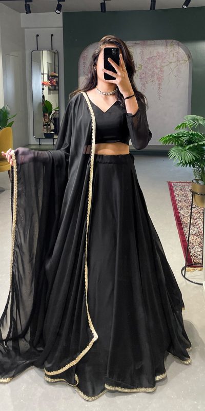 Grand Black Color Rangoli Silk Plain Lace Border Lehenga Choli