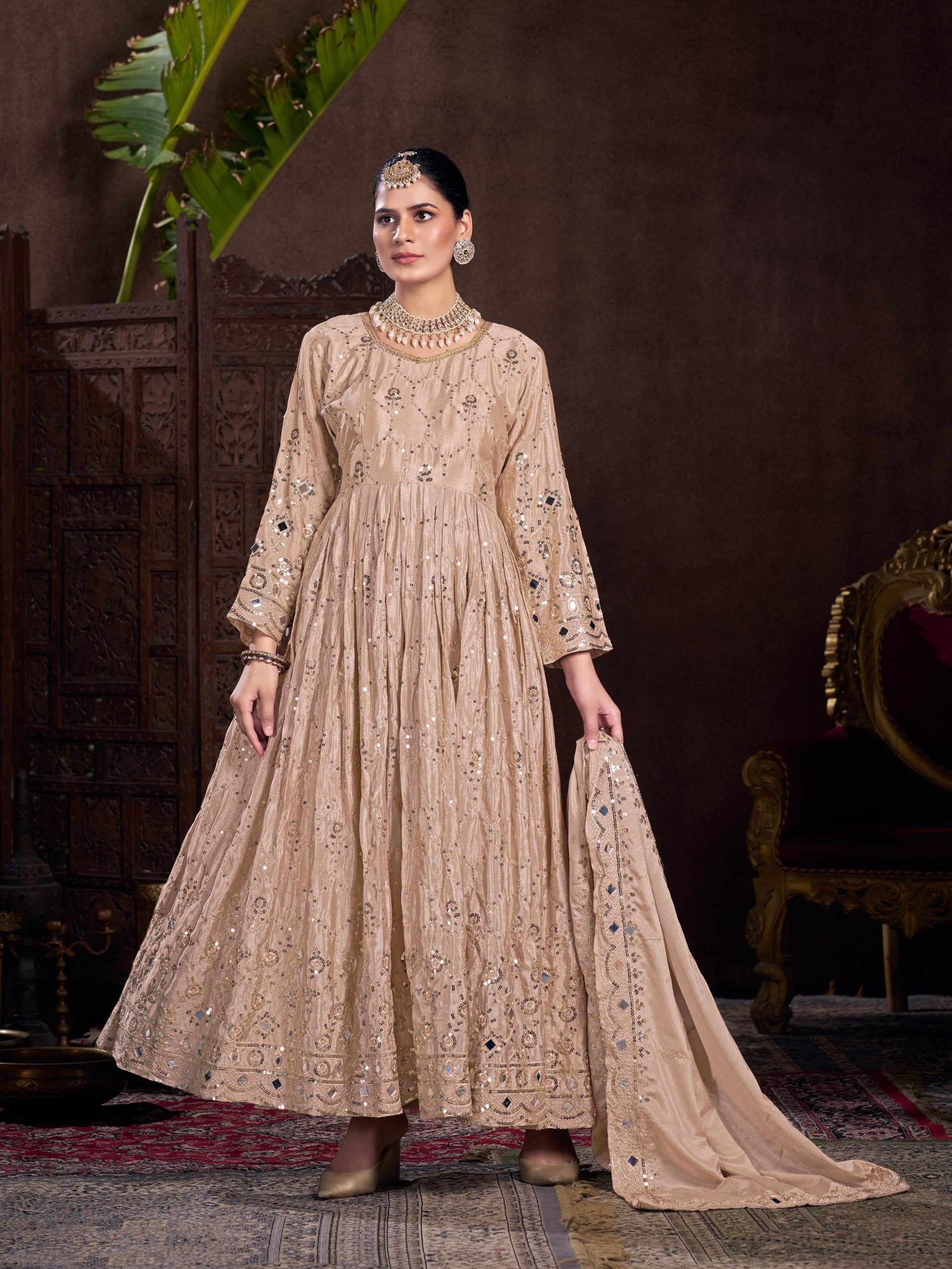 Grand Golden Color Chinon Silk Embroidery Sequence Gown