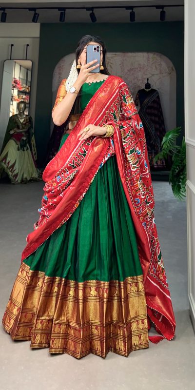 Grand Green Color Narayan Pet Zari Weaving Lehenga Choli