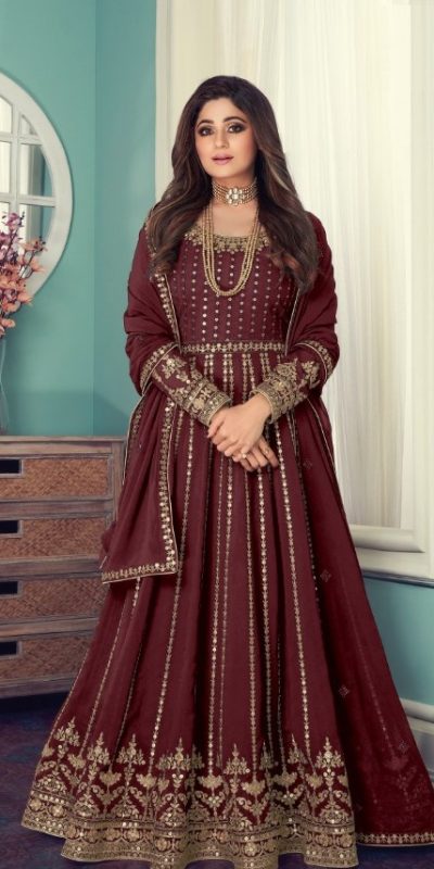 Grand Maroon Color Georgette Codding Embroidery Anarkali Suit