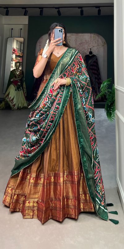 Grand Mustard Color Narayan Pet Zari Weaving Lehenga Choli