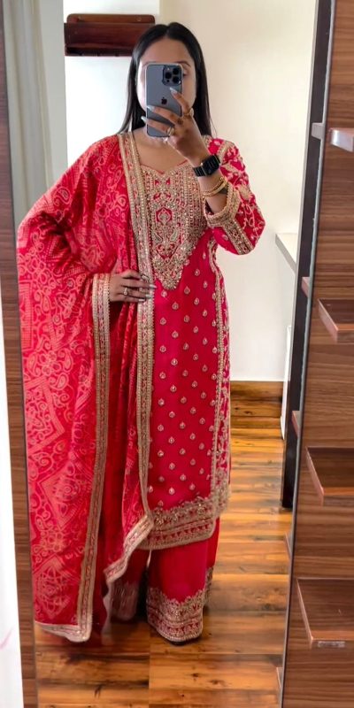 Grand Pink Color Chinnon Silk Embroidery Coding Dori Salwar Suit