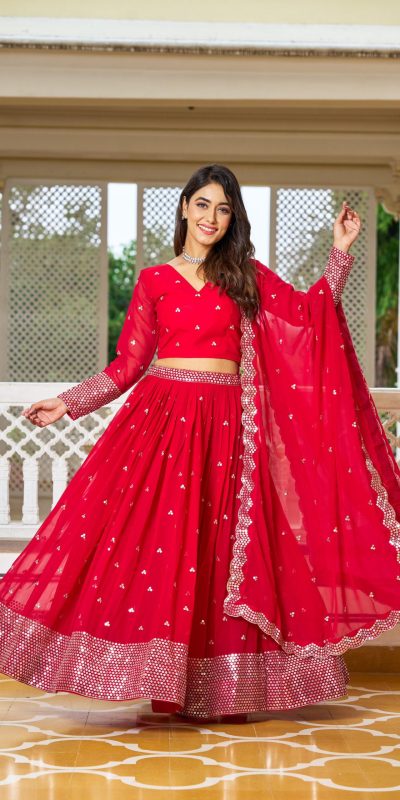 Grand Red Color Georgette Embroidery Sequence Lehenga Choli