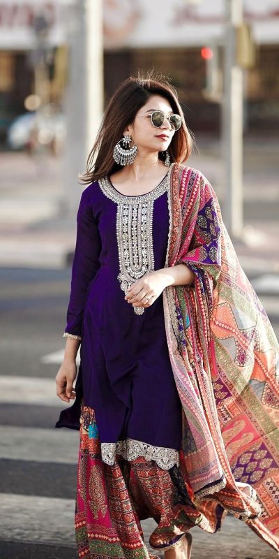 Grand Violet Color Chinon Silk Embroidery Work Sharara Suit
