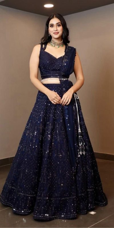 Luminous Navy Blue Color Georgette Embroidery Lehenga Choli
