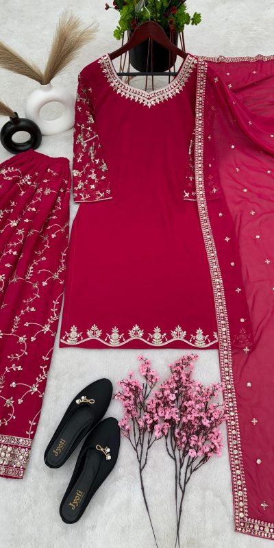 Luminous Red Color Georgette Embroidery Sequence Salwar Suit
