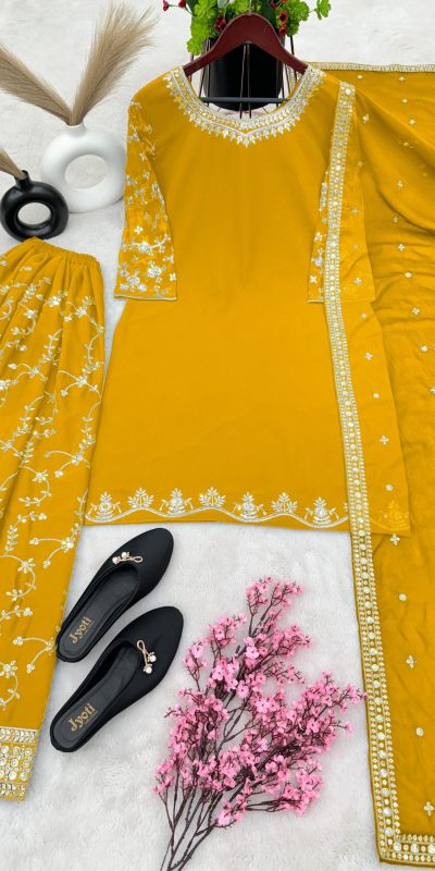 Luminous Yellow Color Georgette Embroidery Sequence Salwar Suit